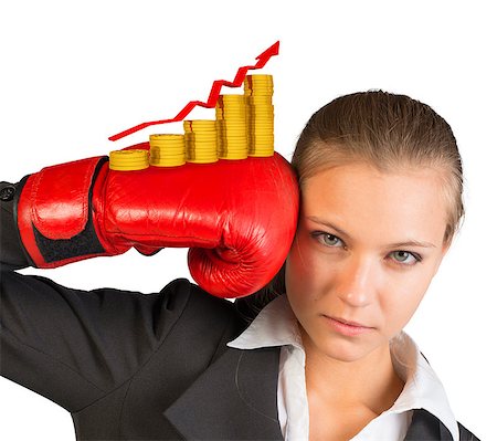 simsearch:400-08161703,k - Businesswoman in boxing gloves with graph looking at camera on isolated white background Photographie de stock - Aubaine LD & Abonnement, Code: 400-08161702