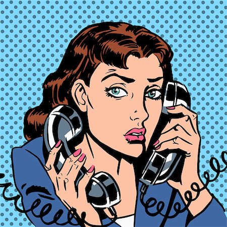 phone pop art - Wednesday girl on two phones running bond Secretary office Manager. The Manager answers the phone load stress Stock Photo - Budget Royalty-Free & Subscription, Code: 400-08161854