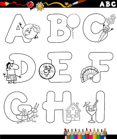 simsearch:400-07749907,k - Black and White Cartoon Illustration of Capital Letters Alphabet with Objects for Children Education from A to I for Coloring Book Foto de stock - Super Valor sin royalties y Suscripción, Código: 400-08162287