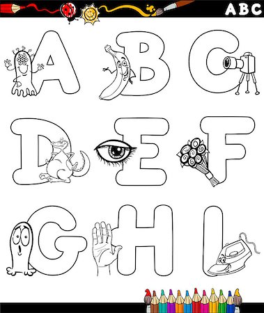 Black and White Cartoon Illustration of Capital Letters Alphabet with Objects for Children Education from A to I for Coloring Book Stock Photo - Budget Royalty-Free & Subscription, Code: 400-08162288