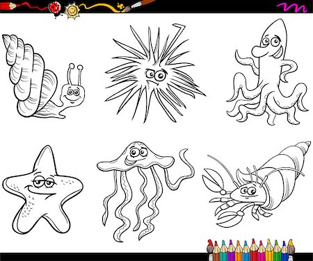 simsearch:400-08916743,k - Coloring Book Cartoon Illustration of Funny Sea Life Animals Characters Set Stock Photo - Budget Royalty-Free & Subscription, Code: 400-08162298
