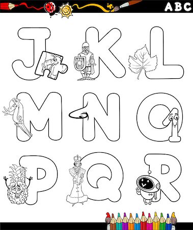 simsearch:400-08405078,k - Black and White Cartoon Illustration of Capital Letters Alphabet with Objects for Children Education from J to R for Coloring Book Stock Photo - Budget Royalty-Free & Subscription, Code: 400-08162312