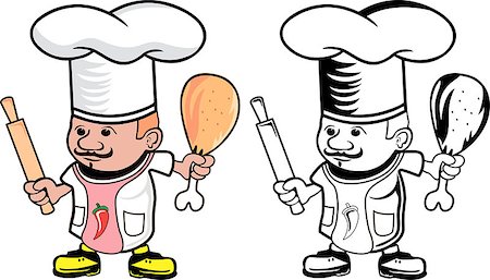 Cartoon drawing of a chef cook with rolling pin and chicken leg Stock Photo - Budget Royalty-Free & Subscription, Code: 400-08162462