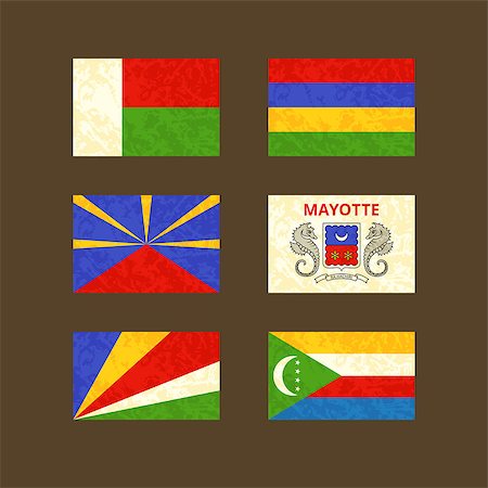 simsearch:400-08163060,k - Flags of Madagascar, Reunion, Seychelles, Mauritius, Mayotte and Comoros. Flags with light grunge dirty effect. Foto de stock - Super Valor sin royalties y Suscripción, Código: 400-08162585