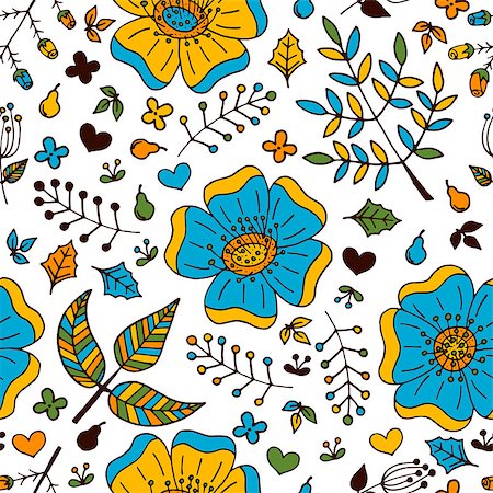 simsearch:400-08158857,k - Vector floral colorful seamless pattern with hand drawn doodle elements. Hand drawn flowers, leafs and hearts. Background for textile, cards, wrapping paper or poster. Photographie de stock - Aubaine LD & Abonnement, Code: 400-08162650