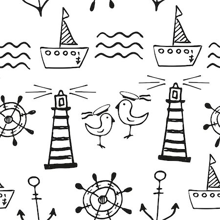seagull on ship - Sea seamless pattern. Hand-drawn  black and white doodles Photographie de stock - Aubaine LD & Abonnement, Code: 400-08162888