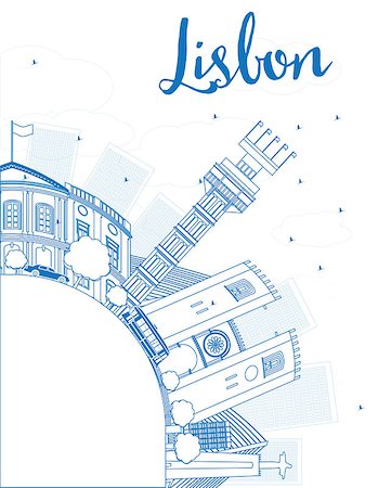 european city outline - Outline Lisbon city skyline with blue buildings and copy space. Vector illustration Stock Photo - Budget Royalty-Free & Subscription, Code: 400-08163011