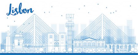 simsearch:400-08294311,k - Outline Lisbon city skyline with blue buildings. Vector illustration Foto de stock - Super Valor sin royalties y Suscripción, Código: 400-08163012