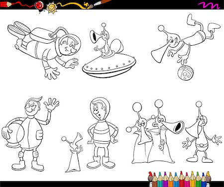 simsearch:400-07034082,k - Coloring Book Cartoon Illustration of Spaceman and Aliens Characters Set Fotografie stock - Microstock e Abbonamento, Codice: 400-08163382