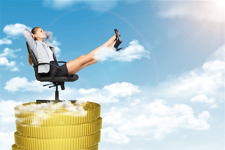 simsearch:400-08158930,k - Businesswoman sitting in chair on coins stack and looking up Stock Photo - Budget Royalty-Free & Subscription, Code: 400-08163495