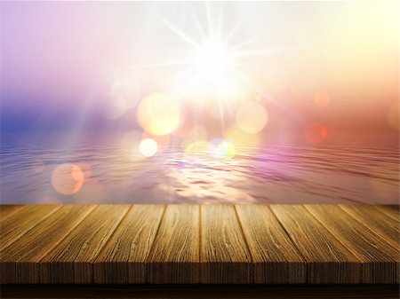simsearch:400-09068018,k - 3D render of a wooden table with a defocussed image of a sunset ocean Stock Photo - Budget Royalty-Free & Subscription, Code: 400-08163529