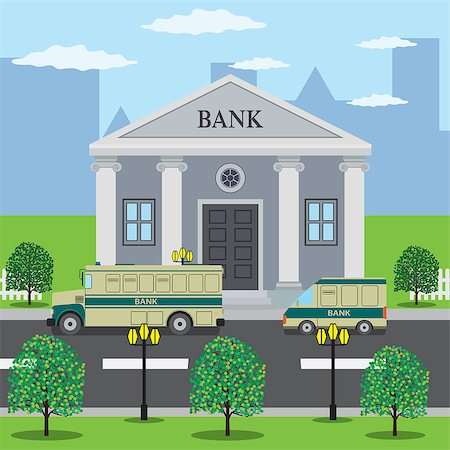Bank buses are on the road near bank building. Also available as a Vector in Adobe illustrator EPS 8 format, compressed in a zip file. Foto de stock - Royalty-Free Super Valor e Assinatura, Número: 400-08163601