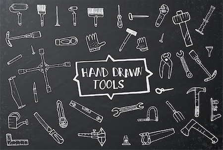 Hand drawn tool icons set on black chalk board. Vector illustration Stockbilder - Microstock & Abonnement, Bildnummer: 400-08163675