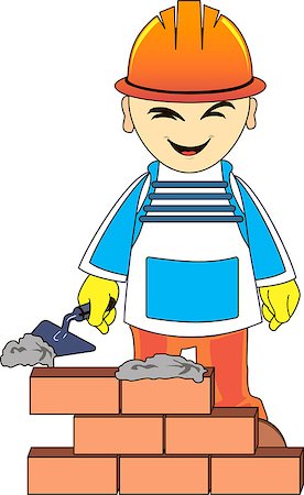 engineers hat cartoon - Builder or engineer in a uniform and helmet with trowel near the brick wall Stock Photo - Budget Royalty-Free & Subscription, Code: 400-08163734