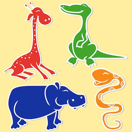 Giraffe, crocodile, hippo and boa on light yellow background, cartoon flat vector illustration Stock Photo - Budget Royalty-Free & Subscription, Code: 400-08163837
