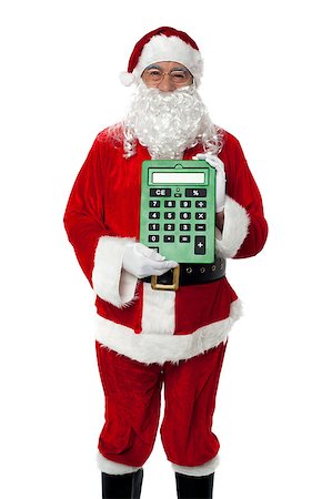 simsearch:400-08491713,k - Old man dressed as Santa showing a large green calculator to the camera Stock Photo - Budget Royalty-Free & Subscription, Code: 400-08185608