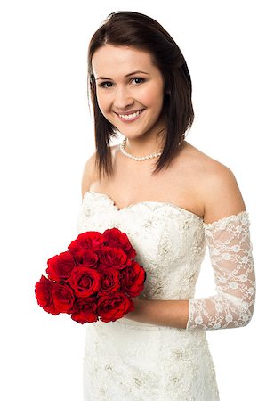 simsearch:400-05208182,k - Gorgeous young bride with a rose bouquet against white Photographie de stock - Aubaine LD & Abonnement, Code: 400-08186814