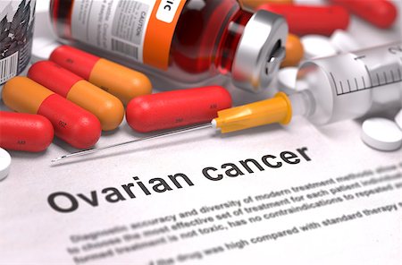 Ovarian Cancer - Printed Diagnosis with Red Pills, Injections and Syringe. Medical Concept with Selective Focus. Stockbilder - Microstock & Abonnement, Bildnummer: 400-08187727