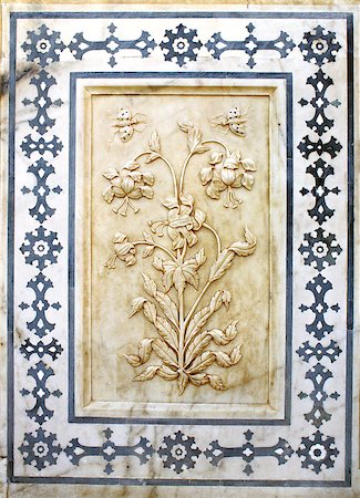 Ancient carved flower on marble in Amber Fort near Jaipur, Rajasthan, India Photographie de stock - Aubaine LD & Abonnement, Code: 400-08187832