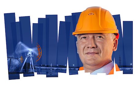 pumpenbock - Oil worker in orange uniform and helmet on of collage background the pump jack. Stockbilder - Microstock & Abonnement, Bildnummer: 400-08188186