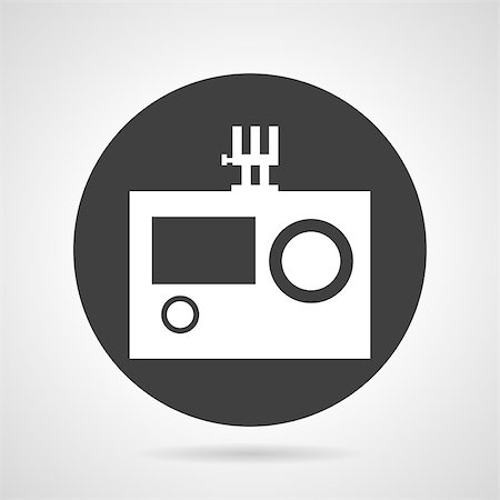 simsearch:400-07518893,k - Flat black round vector icon with white silhouette action camera for sport or drone survey on gray background. Foto de stock - Royalty-Free Super Valor e Assinatura, Número: 400-08188291