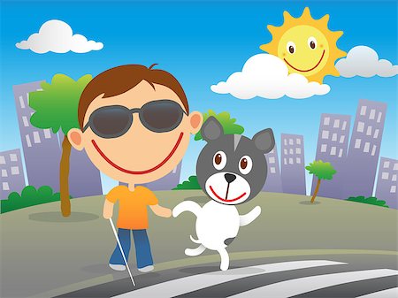 Happy blind child with cane and sunglasses cross the road at a zebra crossing with his quide dog in a sunny day in the city. Stock Photo - Budget Royalty-Free & Subscription, Code: 400-08188376