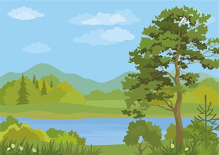 simsearch:400-04804407,k - Landscape with Pine, Fir Trees, Grass and Flowers on the Shore of a Mountain Lake under a Blue Cloudy Sky. Stock Photo - Budget Royalty-Free & Subscription, Code: 400-08188670