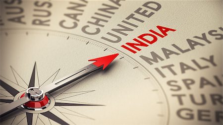 simsearch:400-08184863,k - Business background concept. Compass with needle pointing to India. Red and beige tones plus blur effect. Photographie de stock - Aubaine LD & Abonnement, Code: 400-08188746
