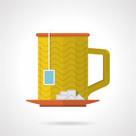 simsearch:400-05744742,k - Single flat color design vector icon for yellow teacup with tea bag and plate with sugar on white background. Stock Photo - Budget Royalty-Free & Subscription, Code: 400-08189075