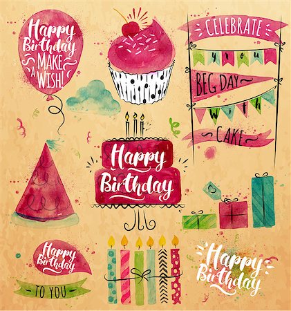 Set of birthday element drawing watercolor on kraft paper Stock Photo - Budget Royalty-Free & Subscription, Code: 400-08189165