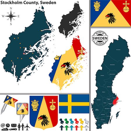 simsearch:400-08192906,k - Vector map of county Stockholm County with coat of arms and location on Sweden map Photographie de stock - Aubaine LD & Abonnement, Code: 400-08189266