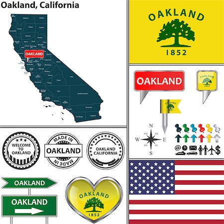 simsearch:400-07795478,k - Vector set of Oakland, California in USA with flag and icons on white background Stock Photo - Budget Royalty-Free & Subscription, Code: 400-08189278