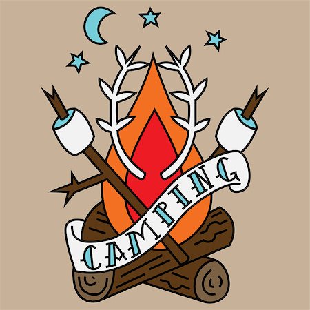 Camping themed traditional tattoo design with a campfire, marshmallows, and moon and stars. Foto de stock - Super Valor sin royalties y Suscripción, Código: 400-08189384
