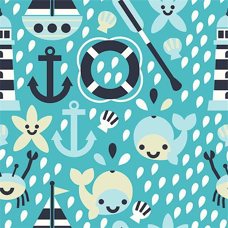 A fun seamless nautical pattern with anchors, sailboats, whales, crabs, starfish, and more! Stock Photo - Budget Royalty-Free & Subscription, Code: 400-08189388