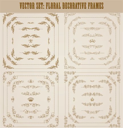 Vector set of gold decorative horizontal floral elements, corners, borders, frame, dividers, crown for retro design of page, invitation, wedding, greeting, gift card. Elegant filigree vintage collection. Vector illustration EPS 8. Stock Photo - Budget Royalty-Free & Subscription, Code: 400-08189735