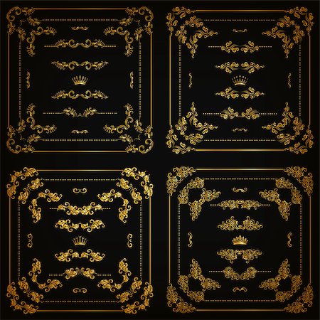 simsearch:400-05911971,k - Vector set of gold decorative horizontal floral elements, corners, borders, frame, dividers, crown on black background. Page, web site decoration. Vector illustartion EPS 10. Stock Photo - Budget Royalty-Free & Subscription, Code: 400-08189730