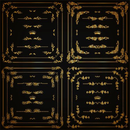 Vector set of gold decorative horizontal floral elements, corners, borders, frame, dividers, crown on black background. Page, web site decoration. Vector illustartion EPS 10. Stock Photo - Budget Royalty-Free & Subscription, Code: 400-08189731