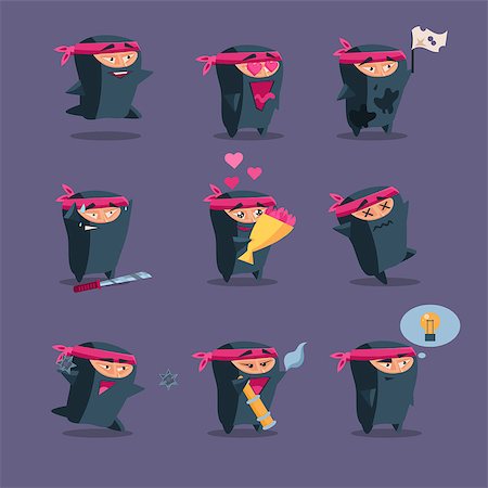 simsearch:400-07417999,k - Collection of cute cartoon ninja warriors with various weapon, vector Stock Photo - Budget Royalty-Free & Subscription, Code: 400-08189827