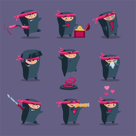 simsearch:400-07101892,k - Collection of cute cartoon ninja warriors with various weapon, vector Stock Photo - Budget Royalty-Free & Subscription, Code: 400-08189828
