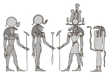 Various Egyptian Gods and Goddess: Ra, Bastet, Khensu and priestes of God Amon.  Ra - God of the Sun,  Bastet -  ancient solar and war Goddess,  Khensu is an Ancient Egyptian god whose main role was associated with the moon and priestess of the God Amon.This file is vector, can be scaled to any size without loss of quality. Stock Photo - Budget Royalty-Free & Subscription, Code: 400-08189839