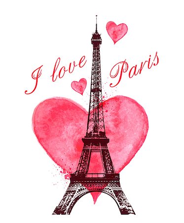 simsearch:400-07897102,k - Romantic Valentine background with red watercolor heart and Eiffel Tower Stock Photo - Budget Royalty-Free & Subscription, Code: 400-08189937