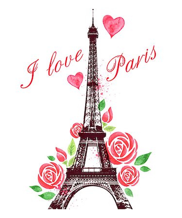 simsearch:400-07897102,k - Romantic Valentine background with red watercolor roses and Eiffel Tower Stock Photo - Budget Royalty-Free & Subscription, Code: 400-08189939