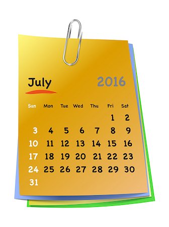 Calendar for july 2016 on colorful sticky notes attached with metallic clip. Sundays first. Vector illustration Photographie de stock - Aubaine LD & Abonnement, Code: 400-08194269