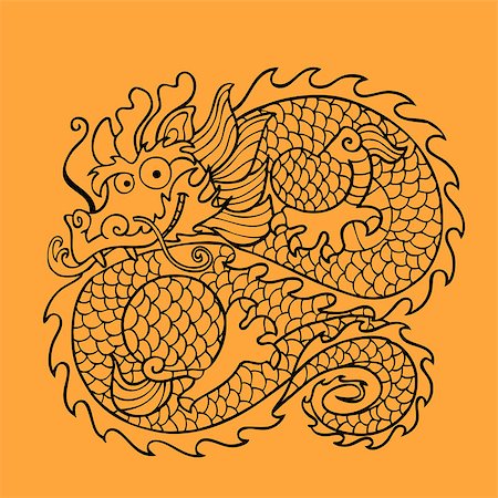 simsearch:400-04992940,k - Chinese dragon character. Line art on an orange background Photographie de stock - Aubaine LD & Abonnement, Code: 400-08194383