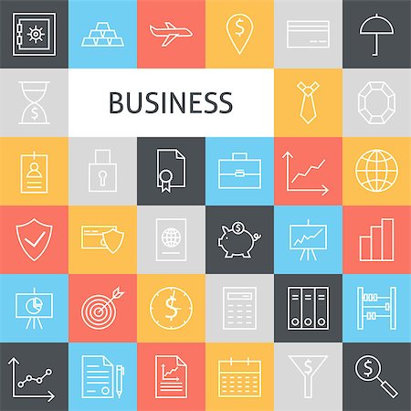 Vector Flat Line Art Modern Business Icons Set. Money and Finance Icons Set over Colorful Tile. Vector Set of 36 Business Concept and Office Life Modern Line Icons for Web and Mobile Stock Photo - Budget Royalty-Free & Subscription, Code: 400-08194866