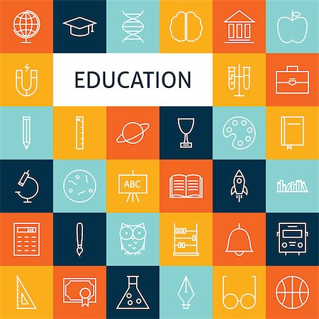 simsearch:400-04145625,k - Vector Flat Line Art Modern School and Education Icons Set. Education and Science Icons Set over Colorful Tile. Vector Set of 36 School and Knowledge Modern Line Icons for Web and Mobile Stock Photo - Budget Royalty-Free & Subscription, Code: 400-08194868