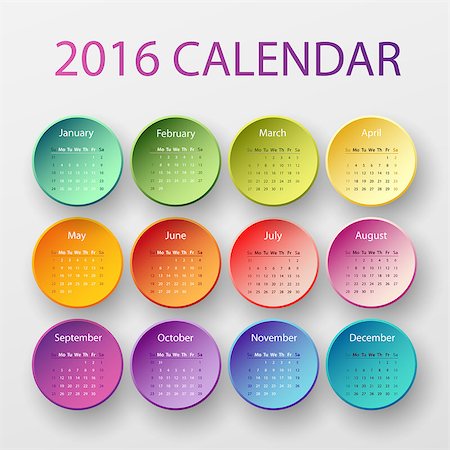 simsearch:400-08194861,k - Simple 2016 year circle calendar in bright colors Foto de stock - Royalty-Free Super Valor e Assinatura, Número: 400-08194861