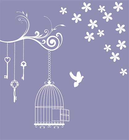 flying bird with tree - vector illustration of a vintage card with cage open and keys Photographie de stock - Aubaine LD & Abonnement, Code: 400-08194892