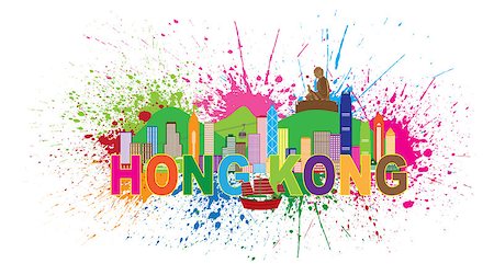Hong Kong City Skyline and Big Buddha Statue Panorama Color Abstract Paint Splatter Text Isolated on White Background Illustration Stock Photo - Budget Royalty-Free & Subscription, Code: 400-08194906
