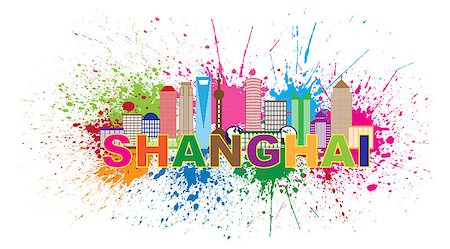Shanghai China City Skyline Outline Silhouette Color Text Paint Splatter Abstract Isolated on White Background Illustration Photographie de stock - Aubaine LD & Abonnement, Code: 400-08195038